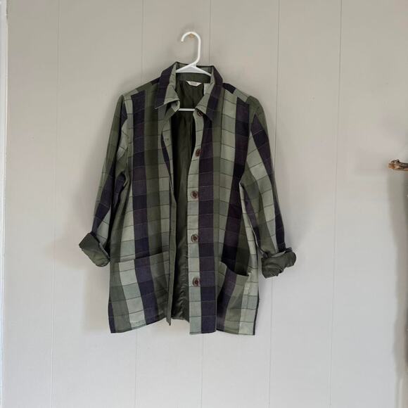 Christopher & banks green/blue plaid button up lightweight blouse women's large - Picture 1 of 5